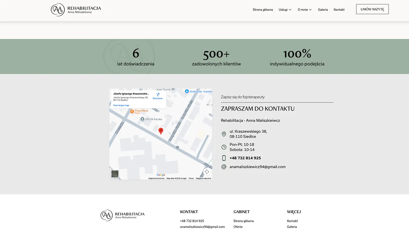 Widok na sekcje kontaktową na stronie AM Rehabilitacja