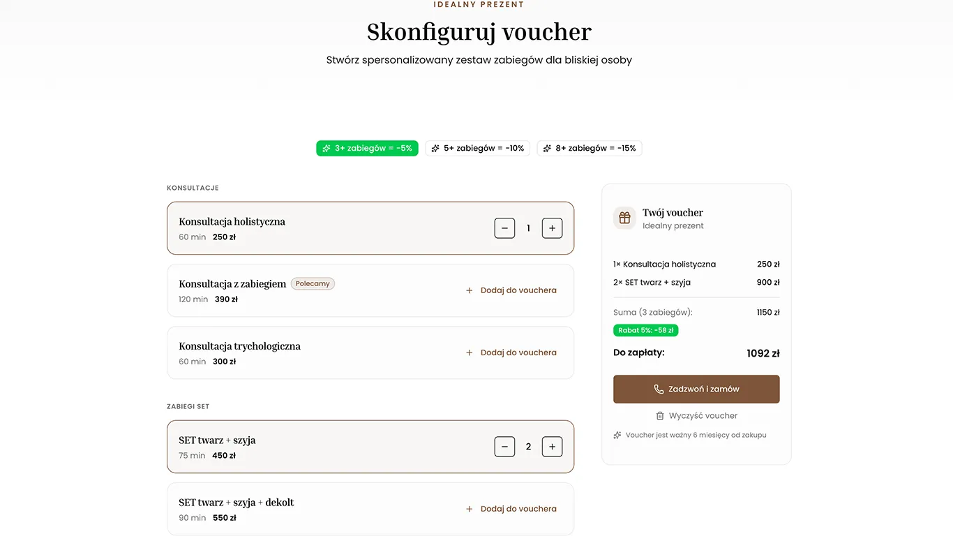 Widok na konfigurator vouchera na stronie holiderma